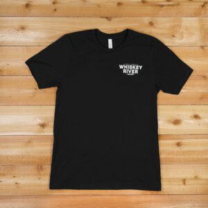 A black t shirt with the words whiskey river on it.