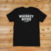 A black t-shirt with the words whiskey river on it.