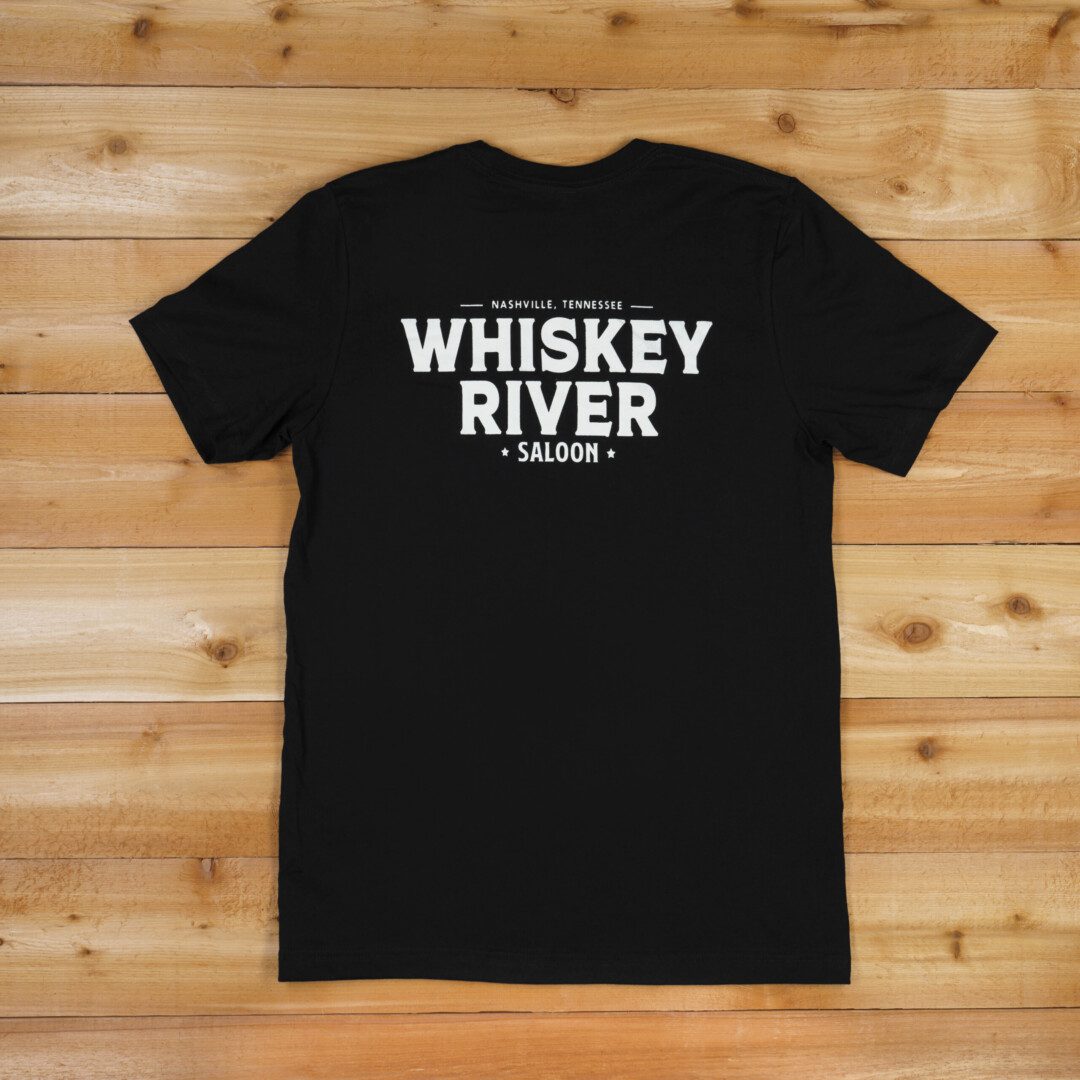 A black t-shirt with the words whiskey river on it.