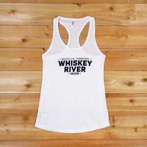 A white tank top with the words whiskey river written on it.