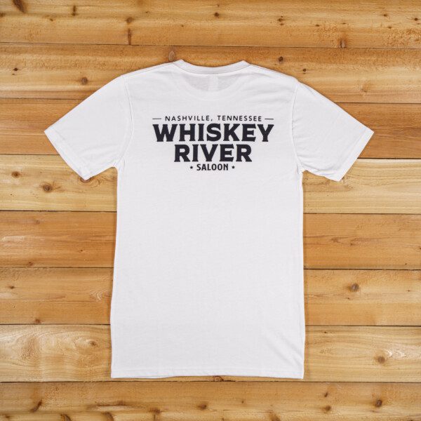 A white t-shirt with the words whiskey river liquor on it.