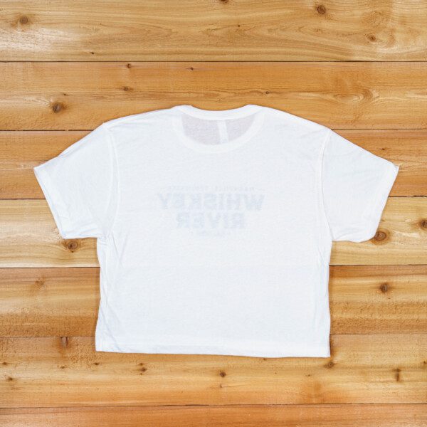 A WRS Crop Tee - White with the words whiskey river on it.