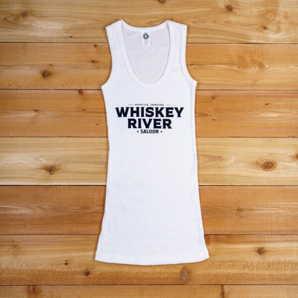 A white tank top with the words whiskey river on it.