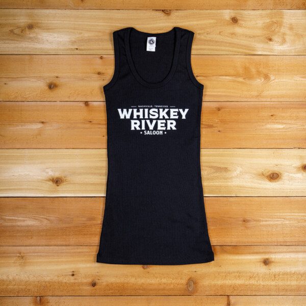 A black tank top with the words whiskey river on it.