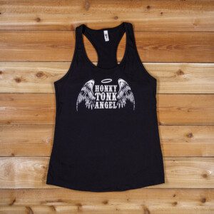 A black tank top with a design on it.