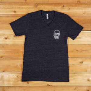 A black shirt with a skull on it